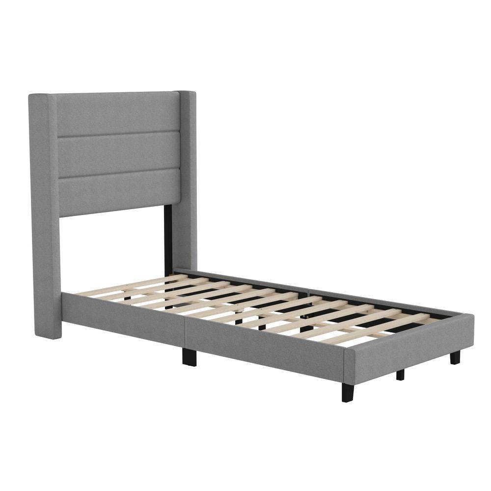 Melissa Twin Upholstered Platform Bed with Wingback Headboard, Grey Faux Linen