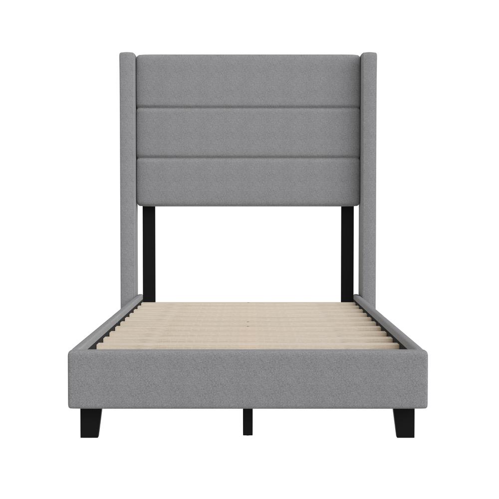 Melissa Twin Upholstered Platform Bed with Wingback Headboard, Grey Faux Linen