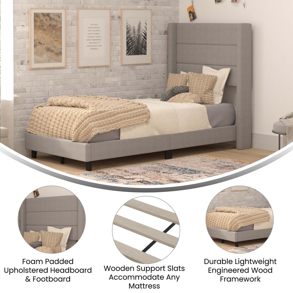 Melissa Twin Upholstered Platform Bed with Wingback Headboard, Grey Faux Linen