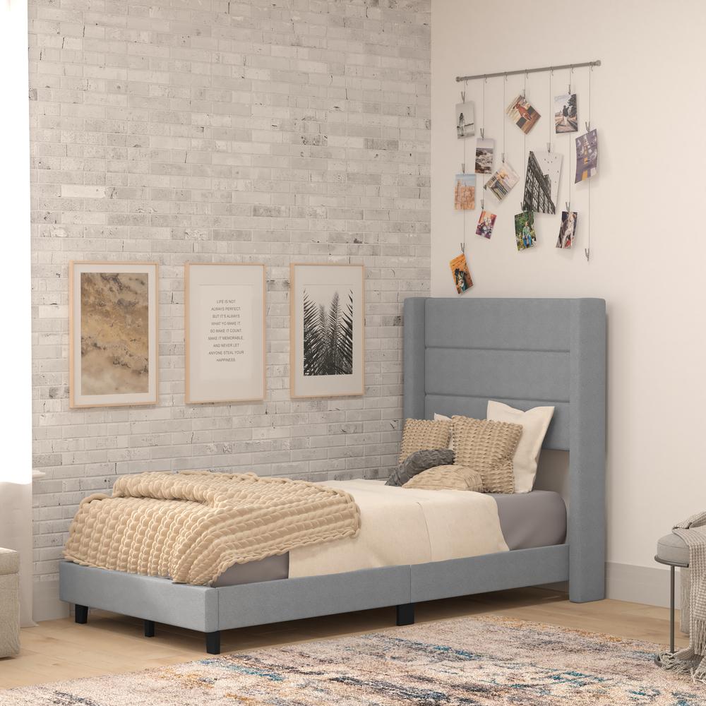 Melissa Twin Upholstered Platform Bed with Wingback Headboard, Grey Faux Linen