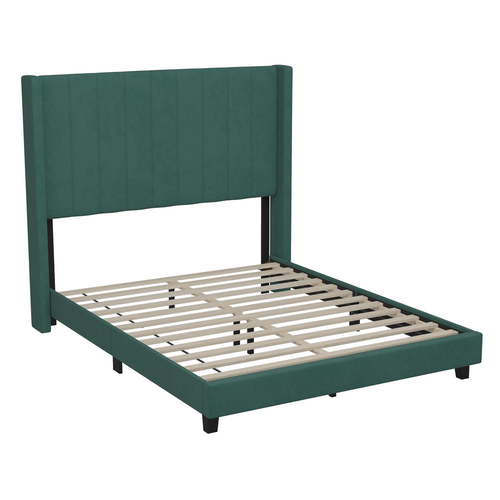 Full Upholstered Platform Bed with Vertical Stitched Headboard, Emerald Velvet