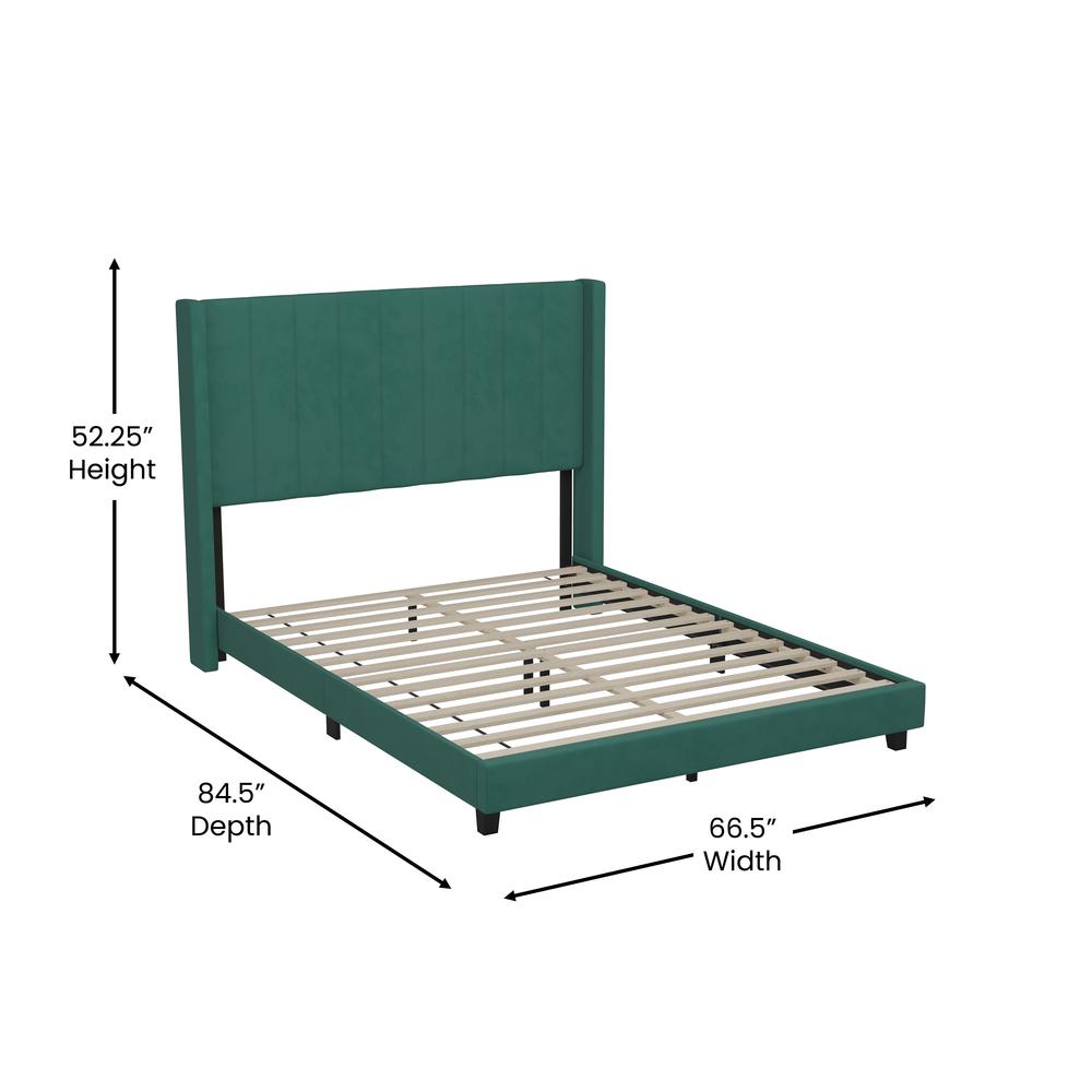 Full Upholstered Platform Bed with Vertical Stitched Headboard, Emerald Velvet