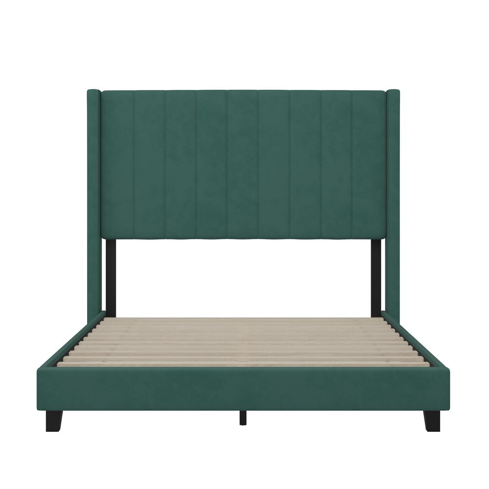 Full Upholstered Platform Bed with Vertical Stitched Headboard, Emerald Velvet