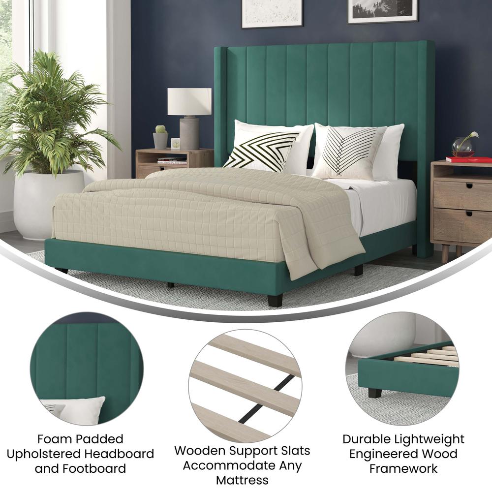 Full Upholstered Platform Bed with Vertical Stitched Headboard, Emerald Velvet