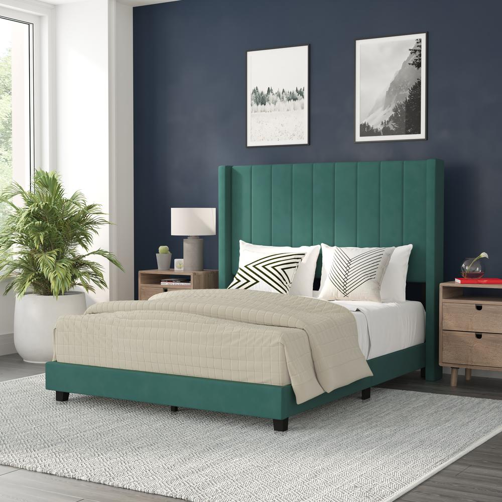 Full Upholstered Platform Bed with Vertical Stitched Headboard, Emerald Velvet