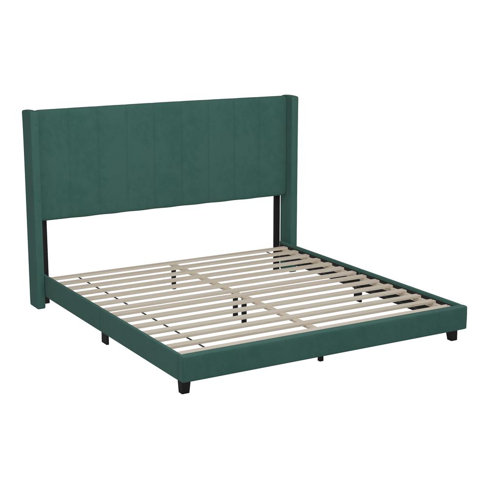 King Upholstered Platform Bed with Vertical Stitched Headboard, Emerald Velvet