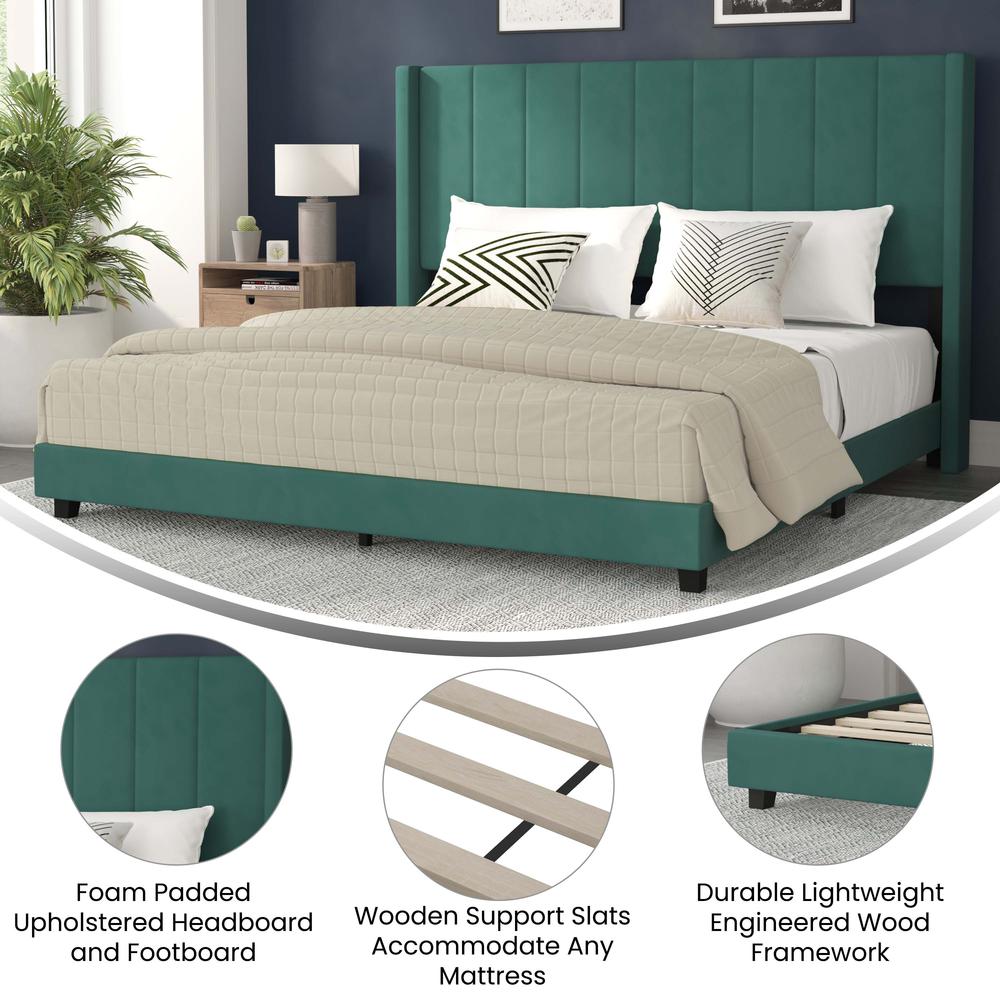 King Upholstered Platform Bed with Vertical Stitched Headboard, Emerald Velvet