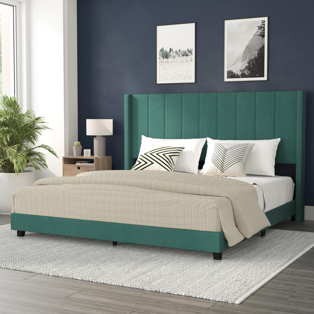 King Upholstered Platform Bed with Vertical Stitched Headboard, Emerald Velvet