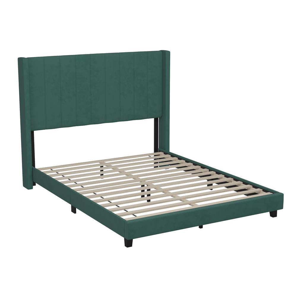 Queen Upholstered Platform Bed with Vertical Stitched Headboard, Emerald Velvet