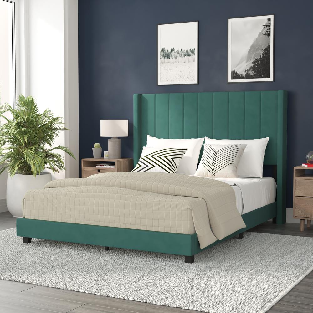 Queen Upholstered Platform Bed with Vertical Stitched Headboard, Emerald Velvet