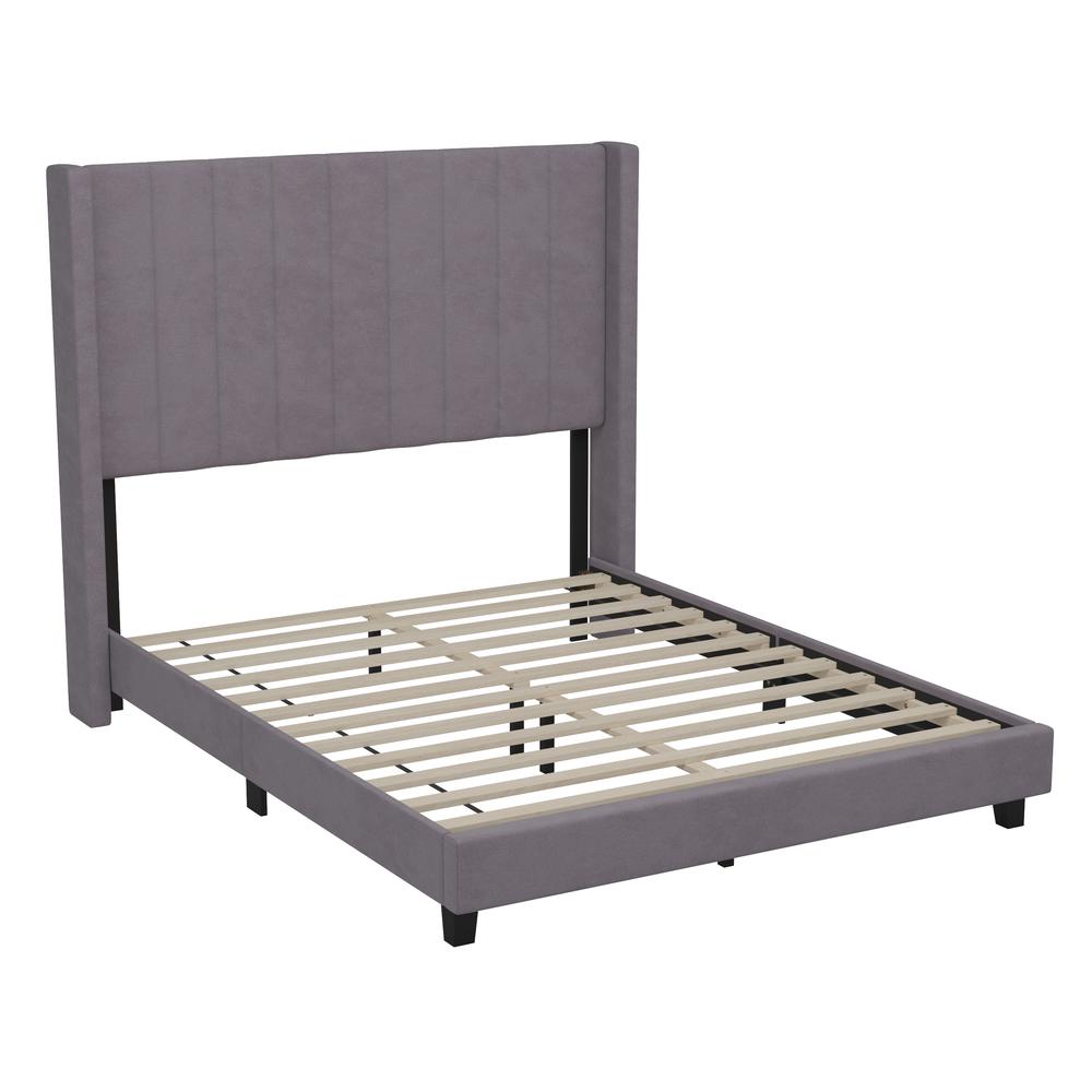 Full Upholstered Platform Bed with Vertical Stitched Headboard, Grey Velvet