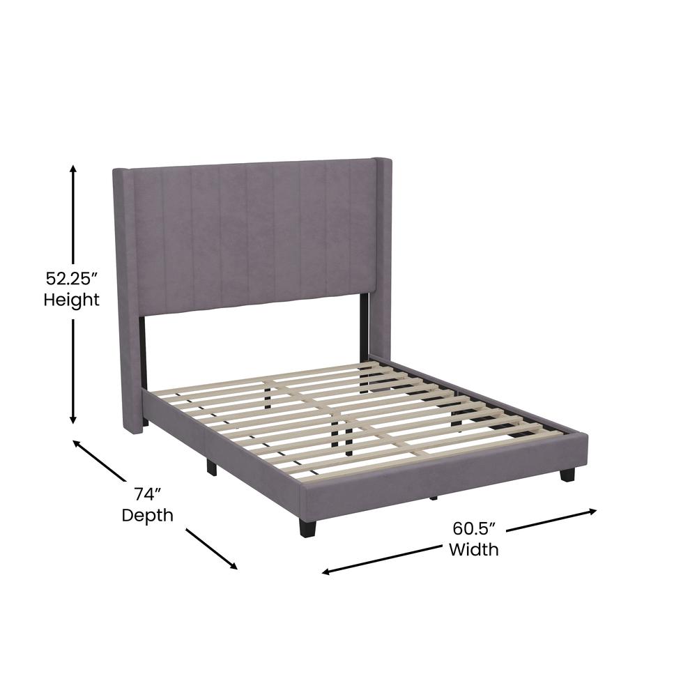 Full Upholstered Platform Bed with Vertical Stitched Headboard, Grey Velvet