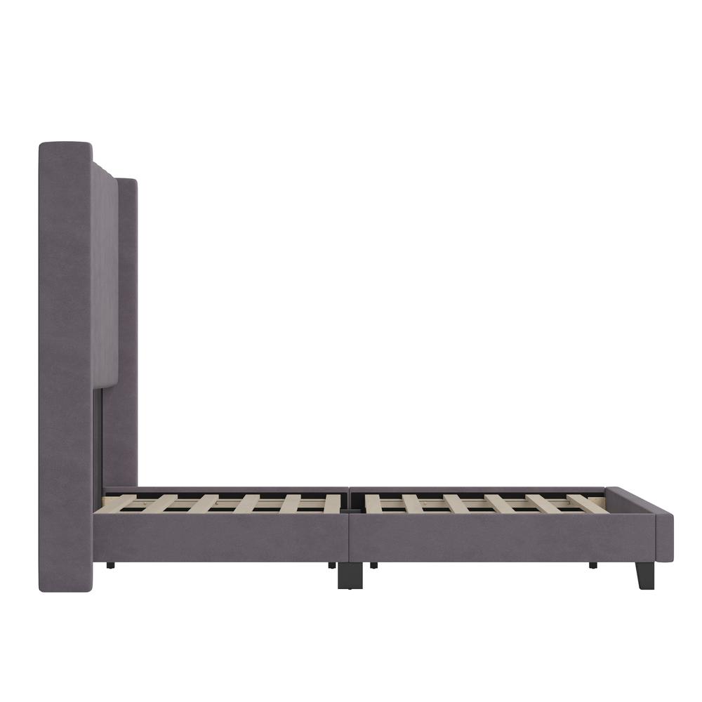 Full Upholstered Platform Bed with Vertical Stitched Headboard, Grey Velvet