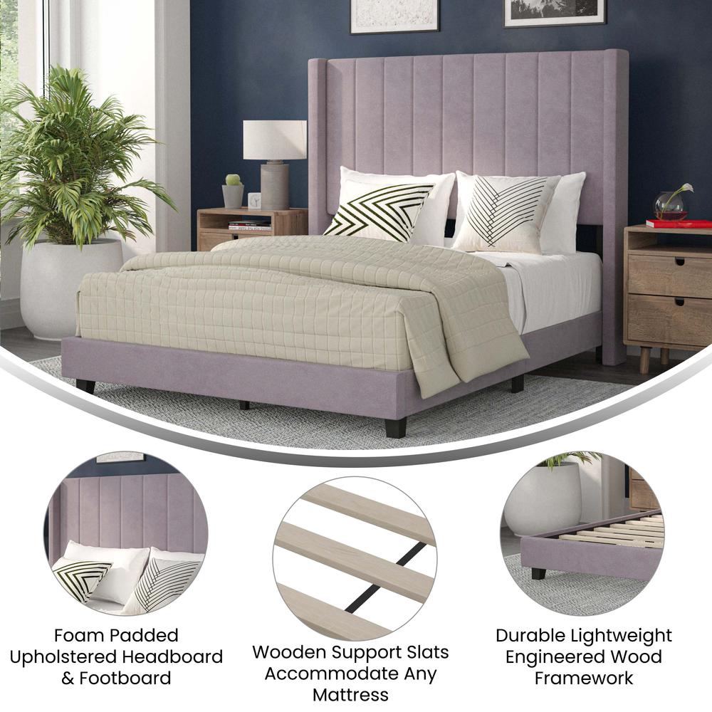 Full Upholstered Platform Bed with Vertical Stitched Headboard, Grey Velvet