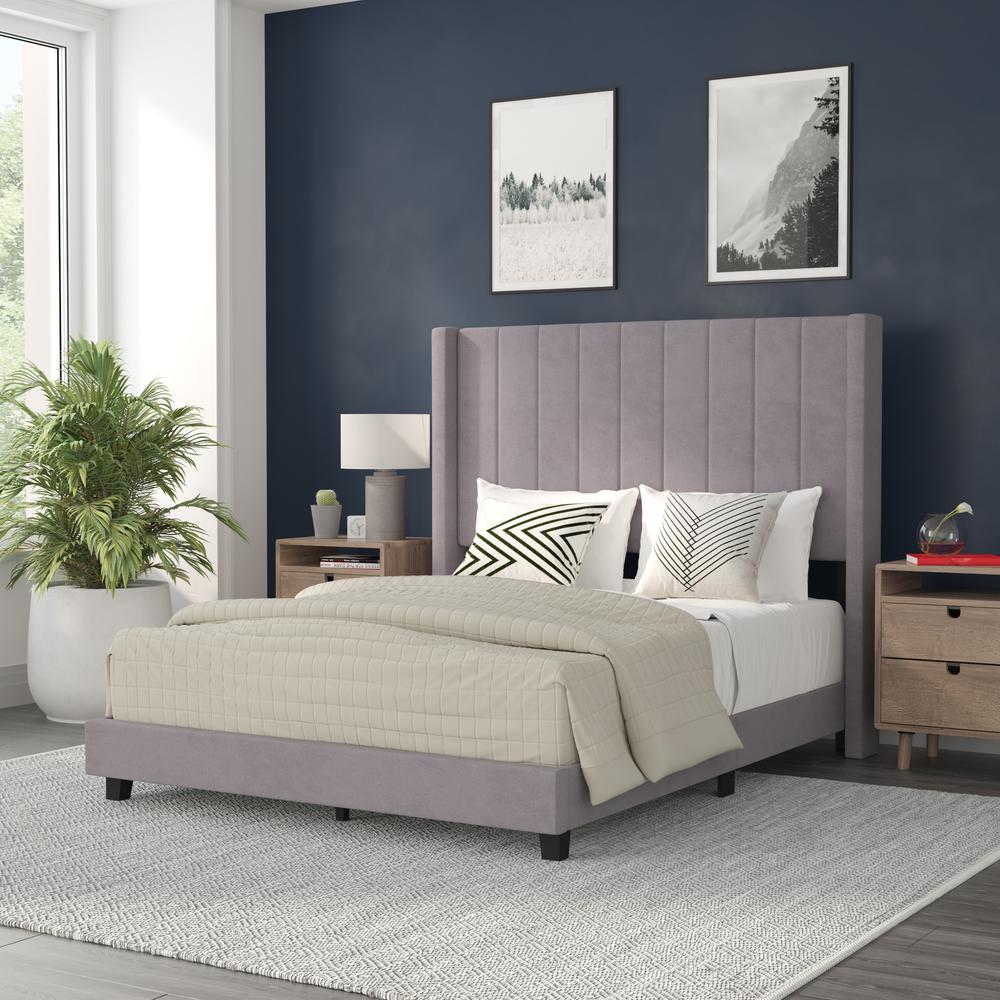 Full Upholstered Platform Bed with Vertical Stitched Headboard, Grey Velvet