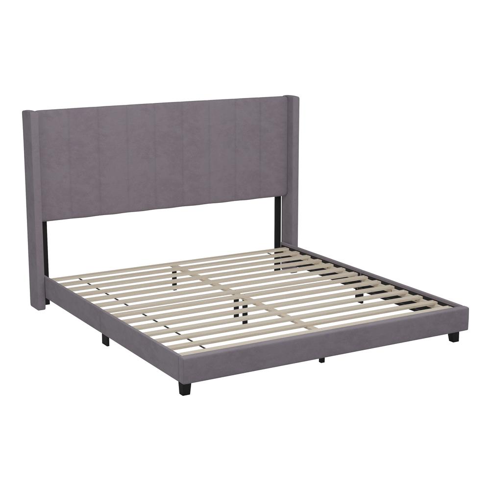 King Upholstered Platform Bed with Vertical Stitched Headboard, Grey Velvet