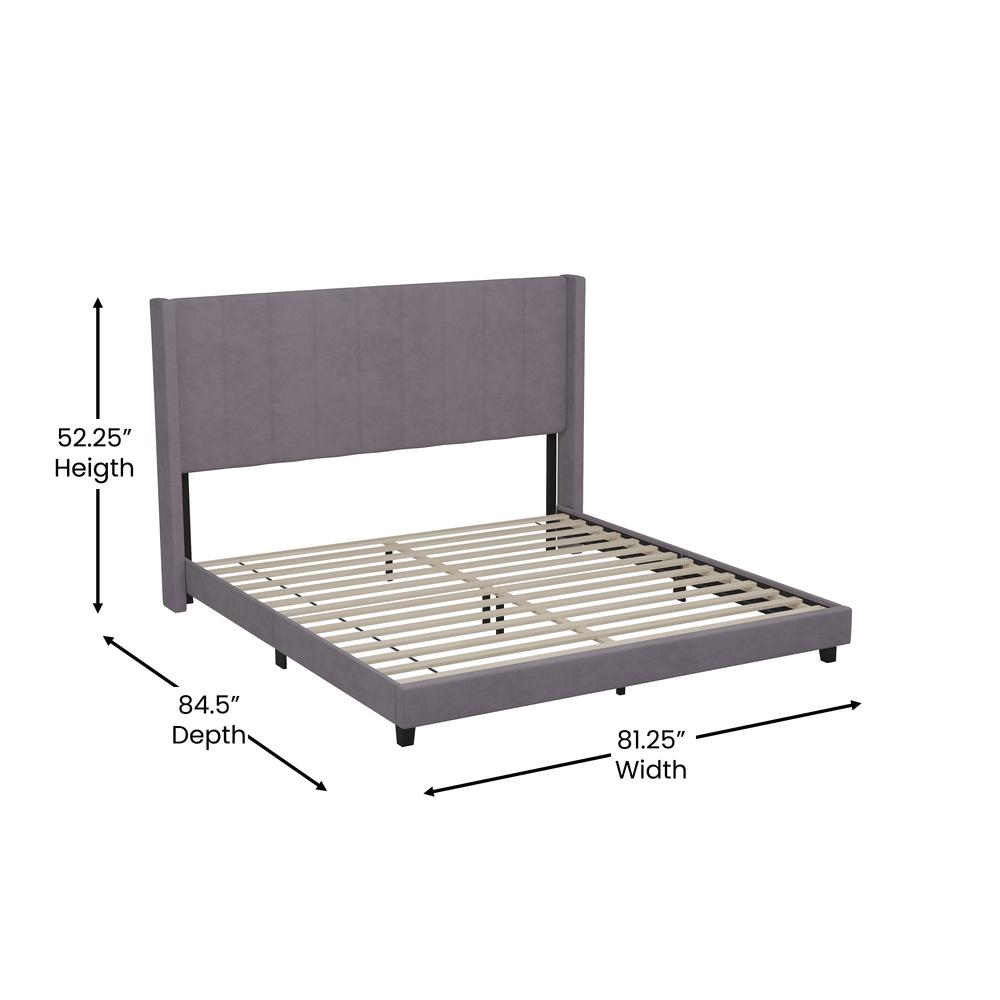 King Upholstered Platform Bed with Vertical Stitched Headboard, Grey Velvet