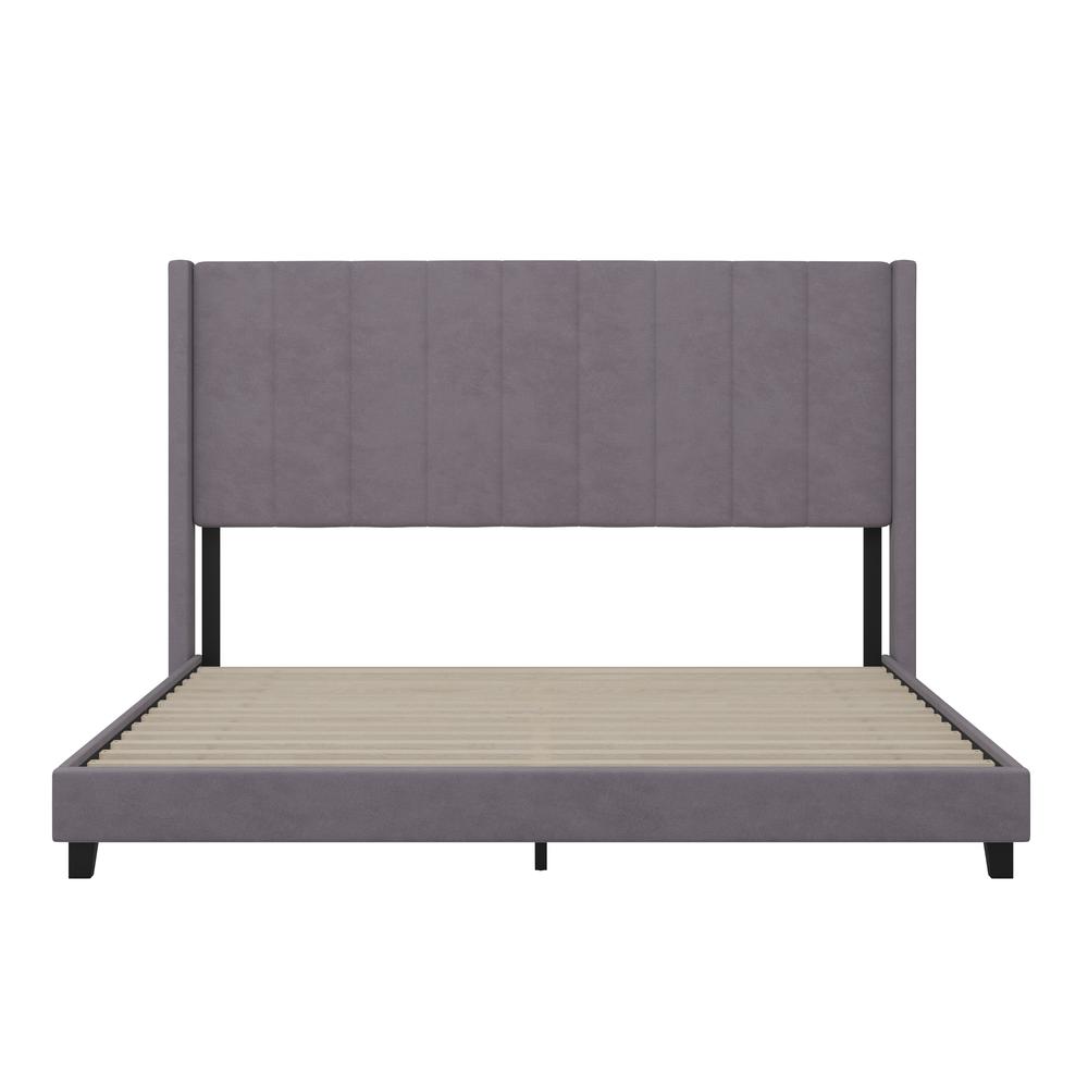 King Upholstered Platform Bed with Vertical Stitched Headboard, Grey Velvet