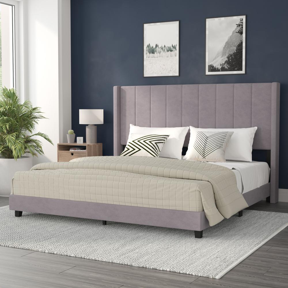 King Upholstered Platform Bed with Vertical Stitched Headboard, Grey Velvet