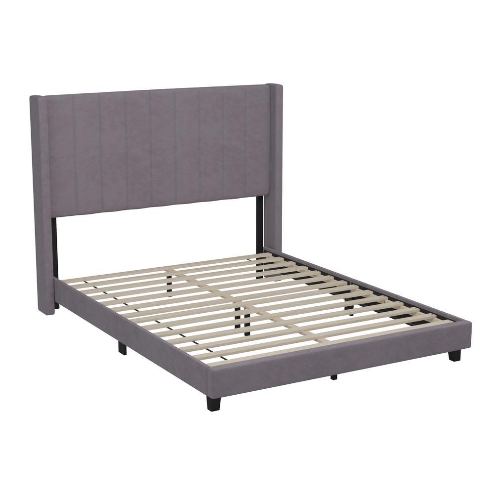 Queen Upholstered Platform Bed with Vertical Stitched Headboard, Grey Velvet