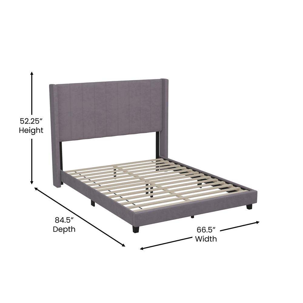 Queen Upholstered Platform Bed with Vertical Stitched Headboard, Grey Velvet