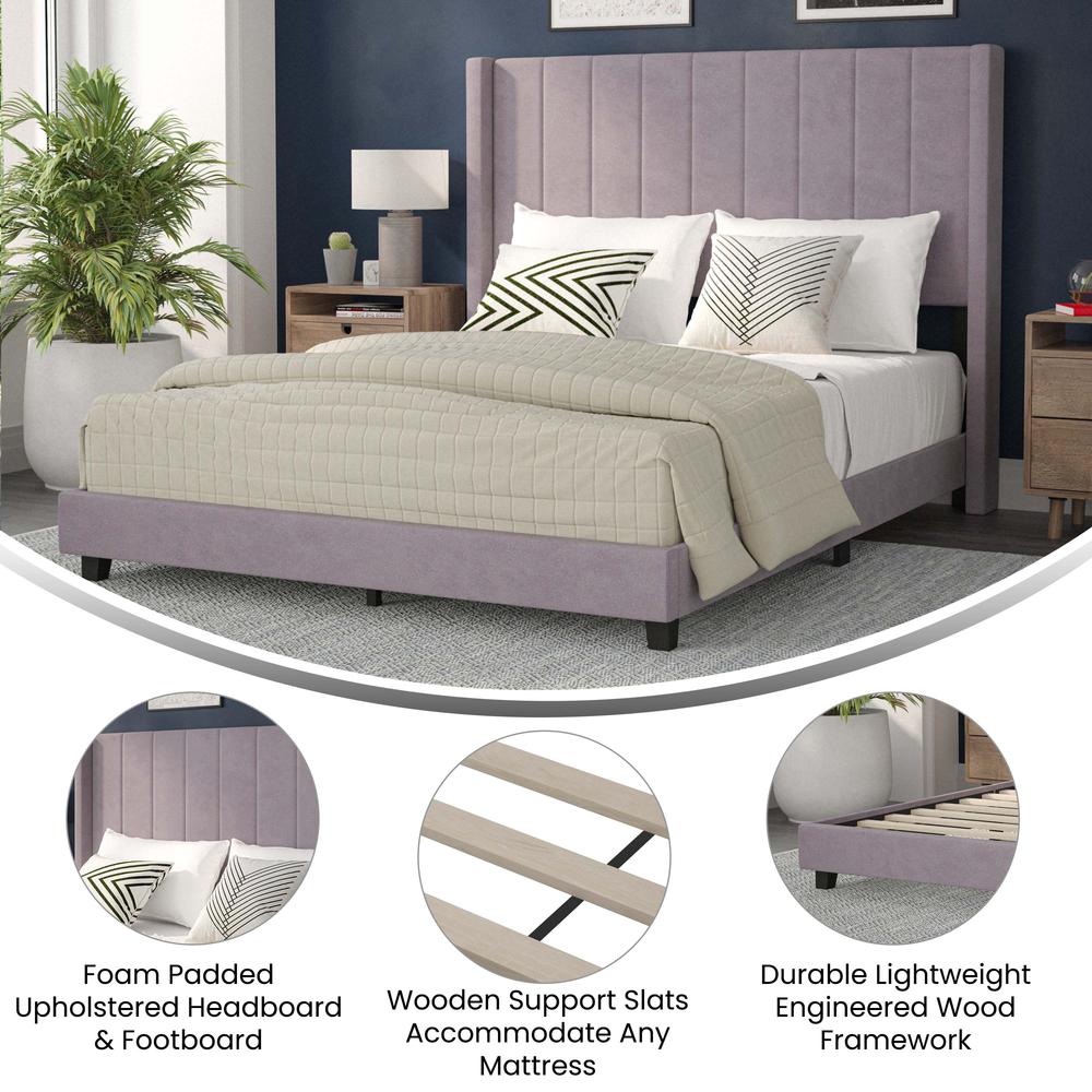 Queen Upholstered Platform Bed with Vertical Stitched Headboard, Grey Velvet