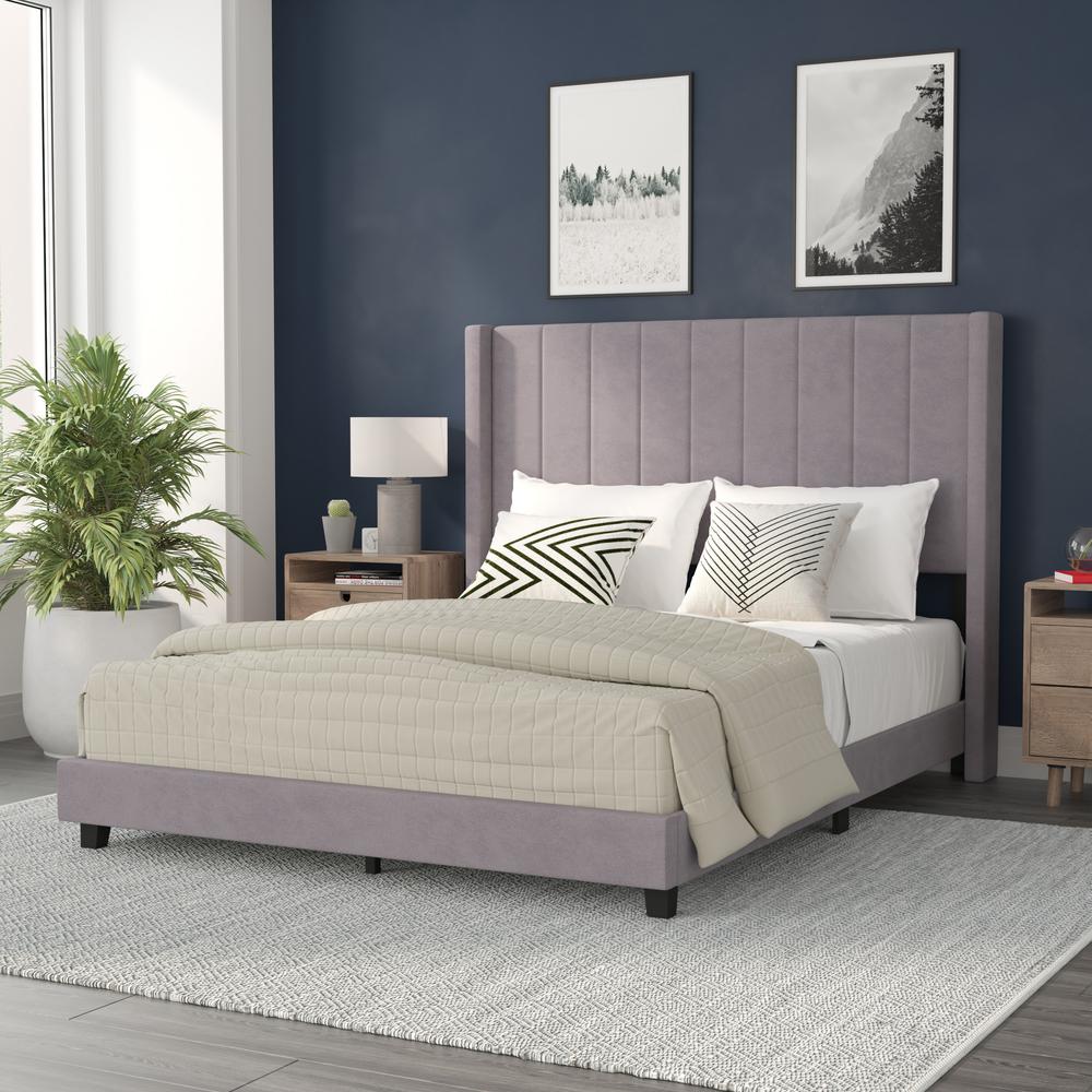 Queen Upholstered Platform Bed with Vertical Stitched Headboard, Grey Velvet