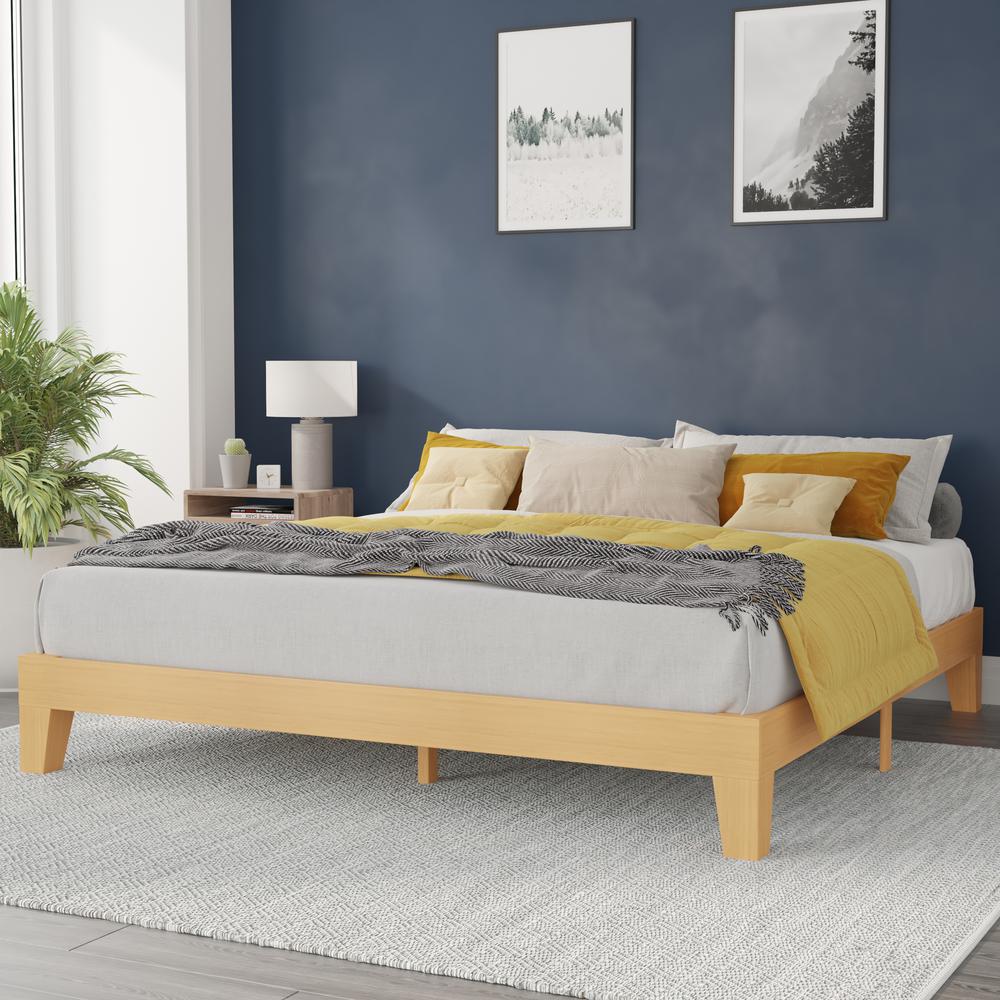 Natural Pine Finish Wood King Platform Bed with Wooden Support Slats