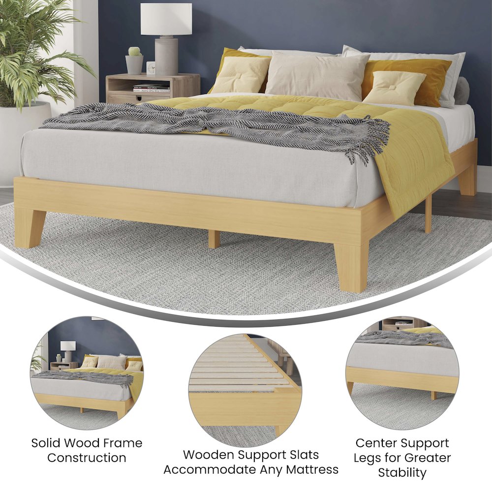 Natural Pine Finish Wood Queen Platform Bed with Wooden Support Slats