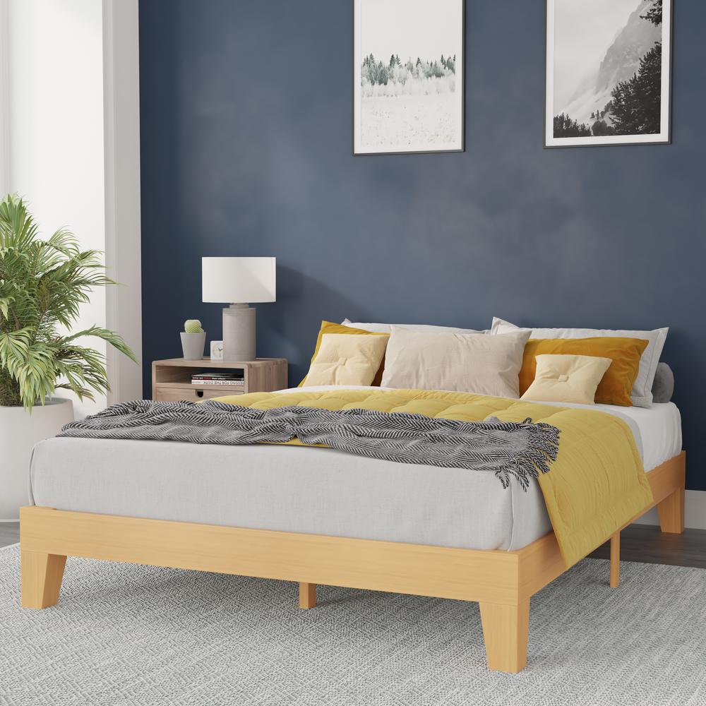 Natural Pine Finish Wood Queen Platform Bed with Wooden Support Slats