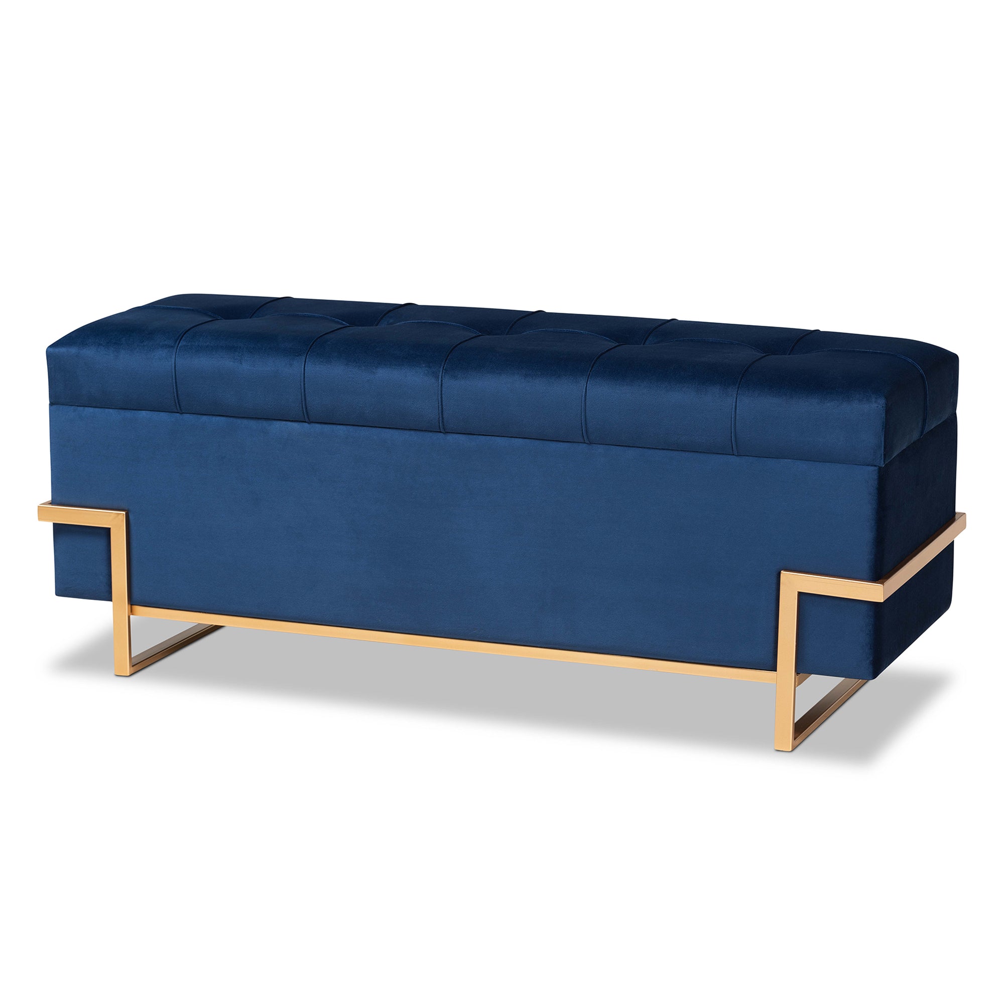 Parker and Navy Blue Velvet Upholstered and Gold Metal Finished Storage Ottoman