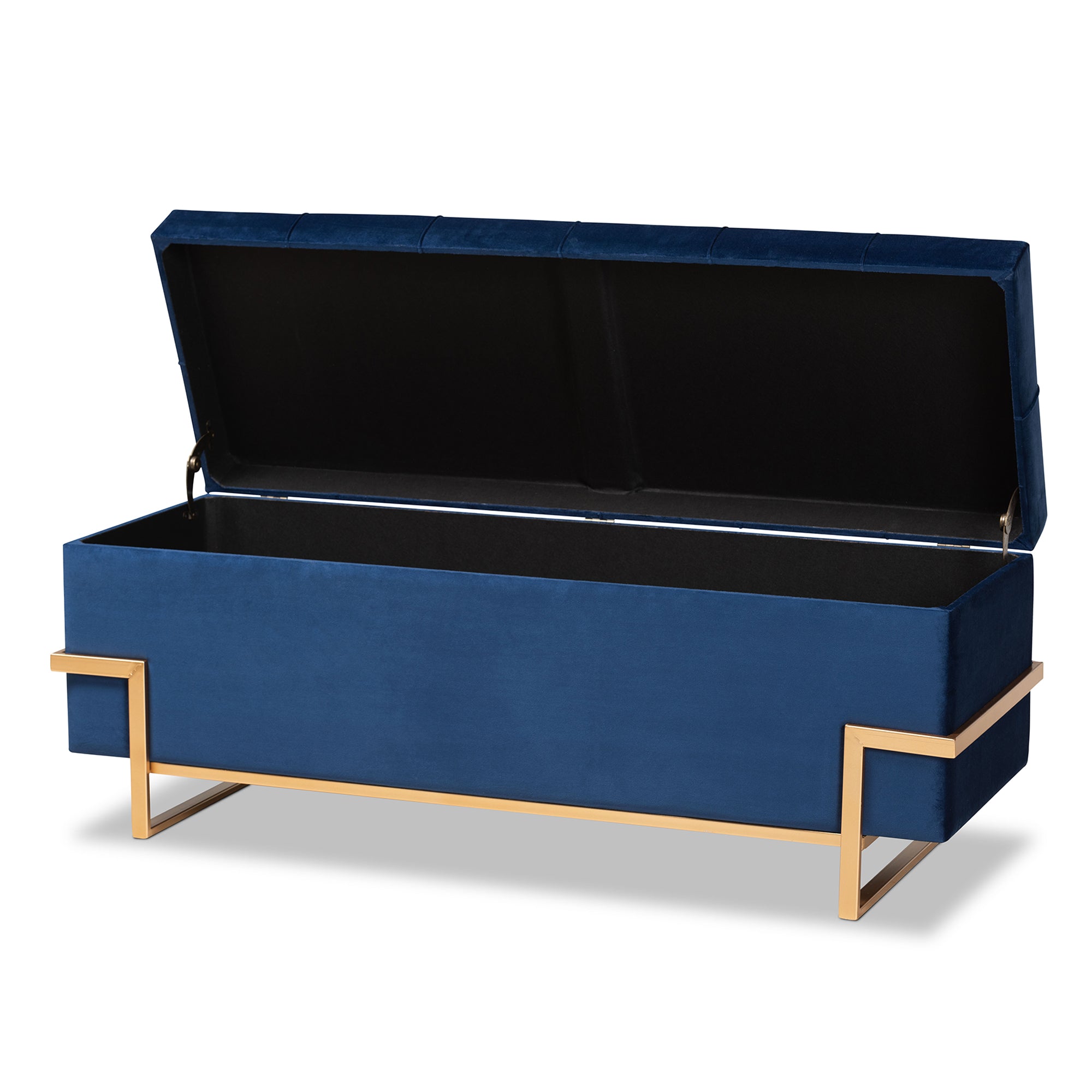 Parker and Navy Blue Velvet Upholstered and Gold Metal Finished Storage Ottoman