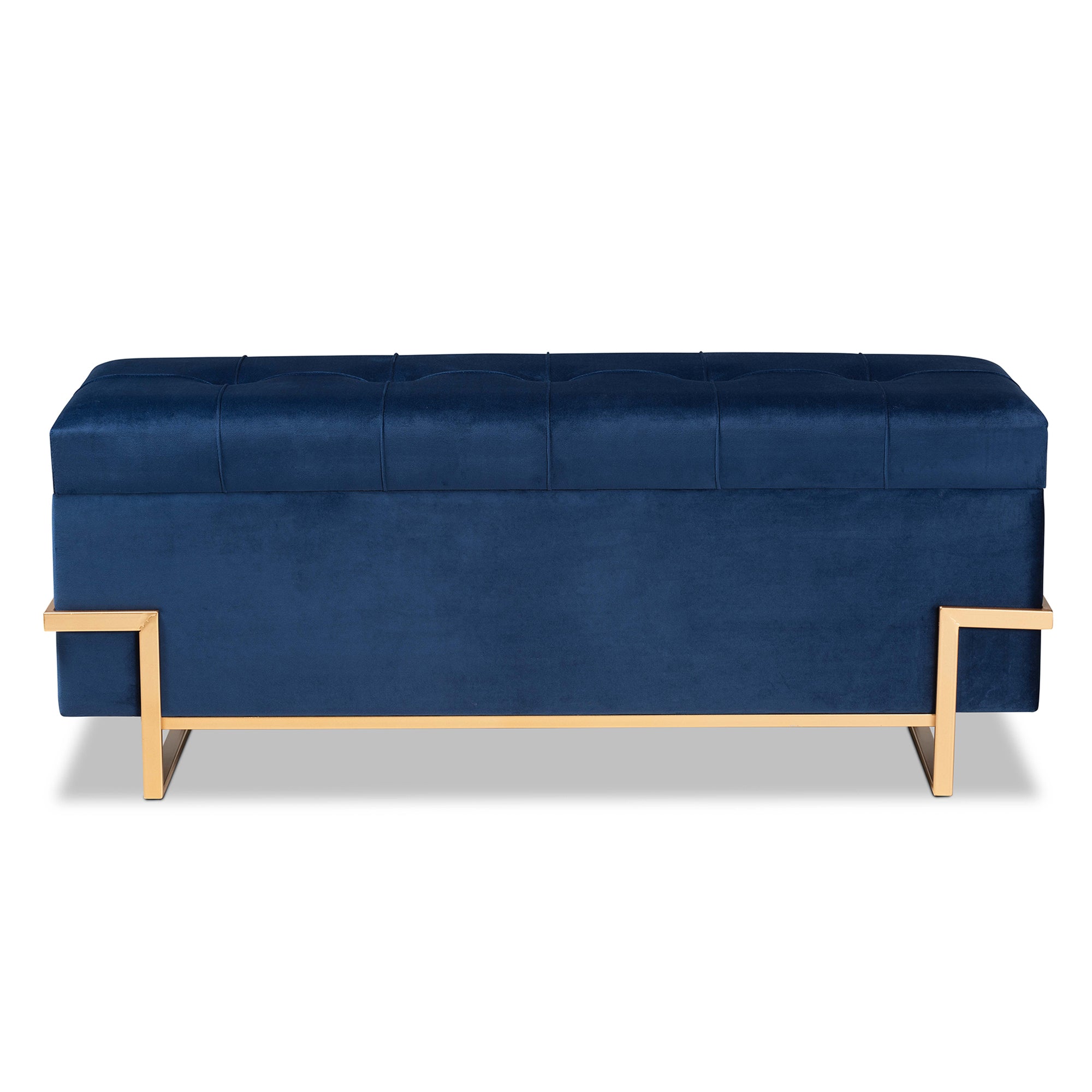 Parker and Navy Blue Velvet Upholstered and Gold Metal Finished Storage Ottoman