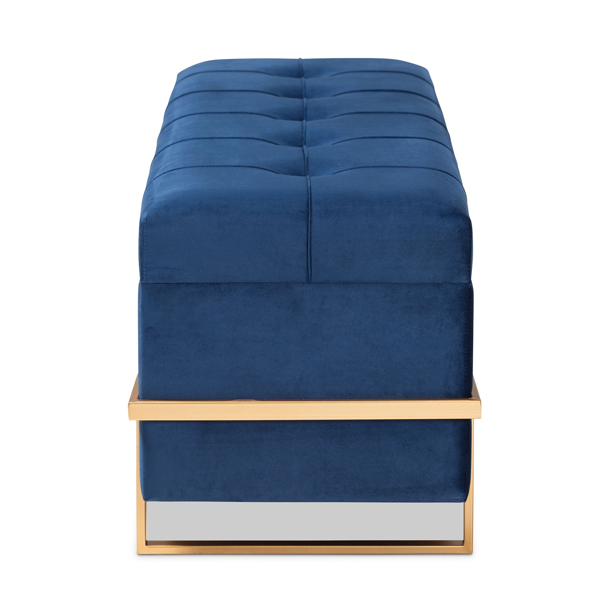 Parker and Navy Blue Velvet Upholstered and Gold Metal Finished Storage Ottoman