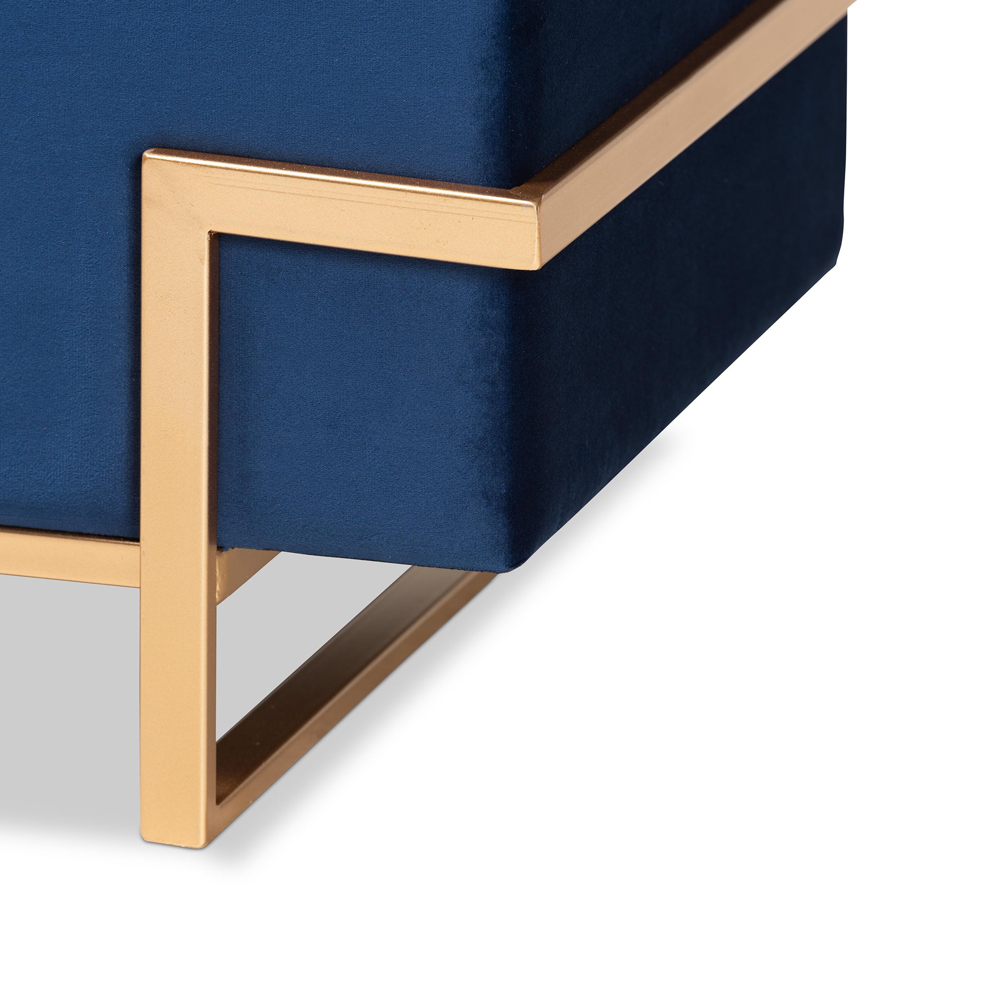 Parker and Navy Blue Velvet Upholstered and Gold Metal Finished Storage Ottoman