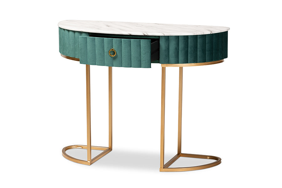 Beale  and  Green Velvet Upholstered and Brushed Gold Finished 1-Drawer Console Table with Faux Marble Tabletop