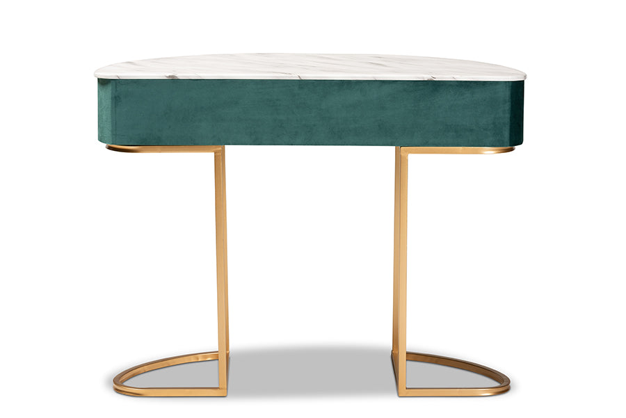 Beale  and  Green Velvet Upholstered and Brushed Gold Finished 1-Drawer Console Table with Faux Marble Tabletop