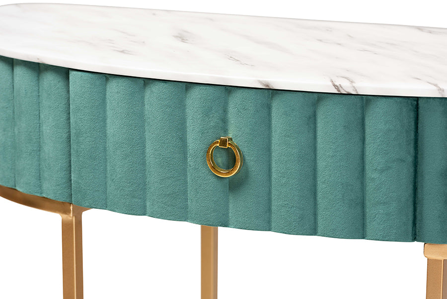 Beale  and  Green Velvet Upholstered and Brushed Gold Finished 1-Drawer Console Table with Faux Marble Tabletop