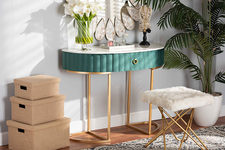 Beale  and  Green Velvet Upholstered and Brushed Gold Finished 1-Drawer Console Table with Faux Marble Tabletop