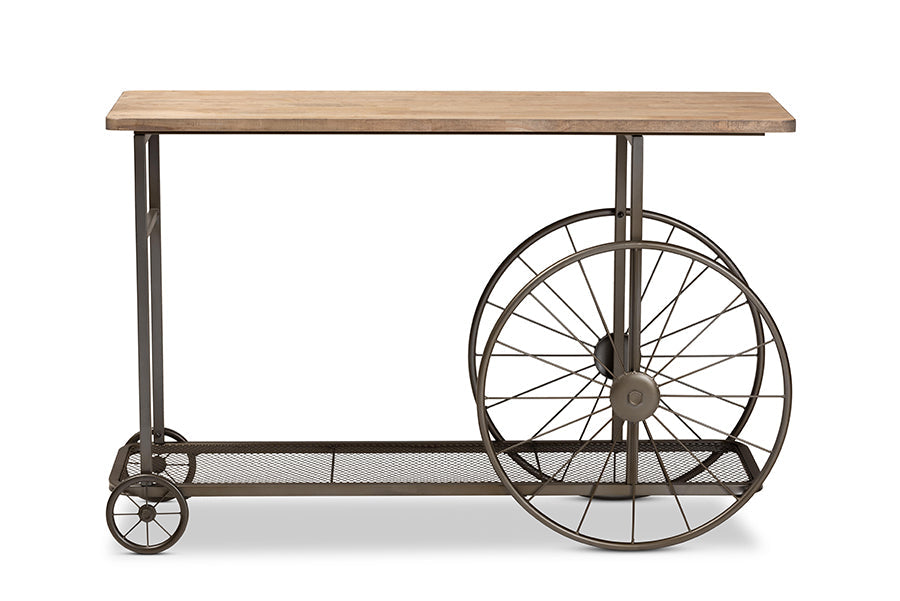 Terence Vintage Rustic Industrial Natural Finished Wood and Black Finished Metal Wheeled Console Table
