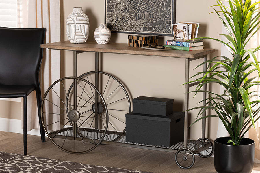Terence Vintage Rustic Industrial Natural Finished Wood and Black Finished Metal Wheeled Console Table