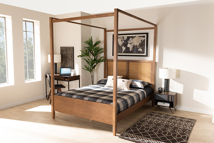 Malia Walnut Brown Finished Wood and Synthetic Rattan King Size Canopy Bed