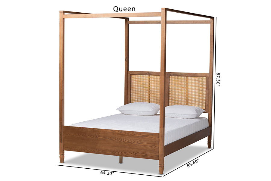 Malia Walnut Brown Finished Wood and Synthetic Rattan Queen Size Canopy Bed