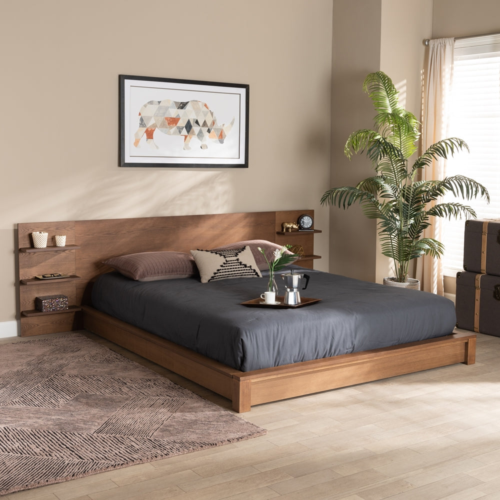 Elina Queen Bed Contemporary Walnut Wood with Storage Shelves