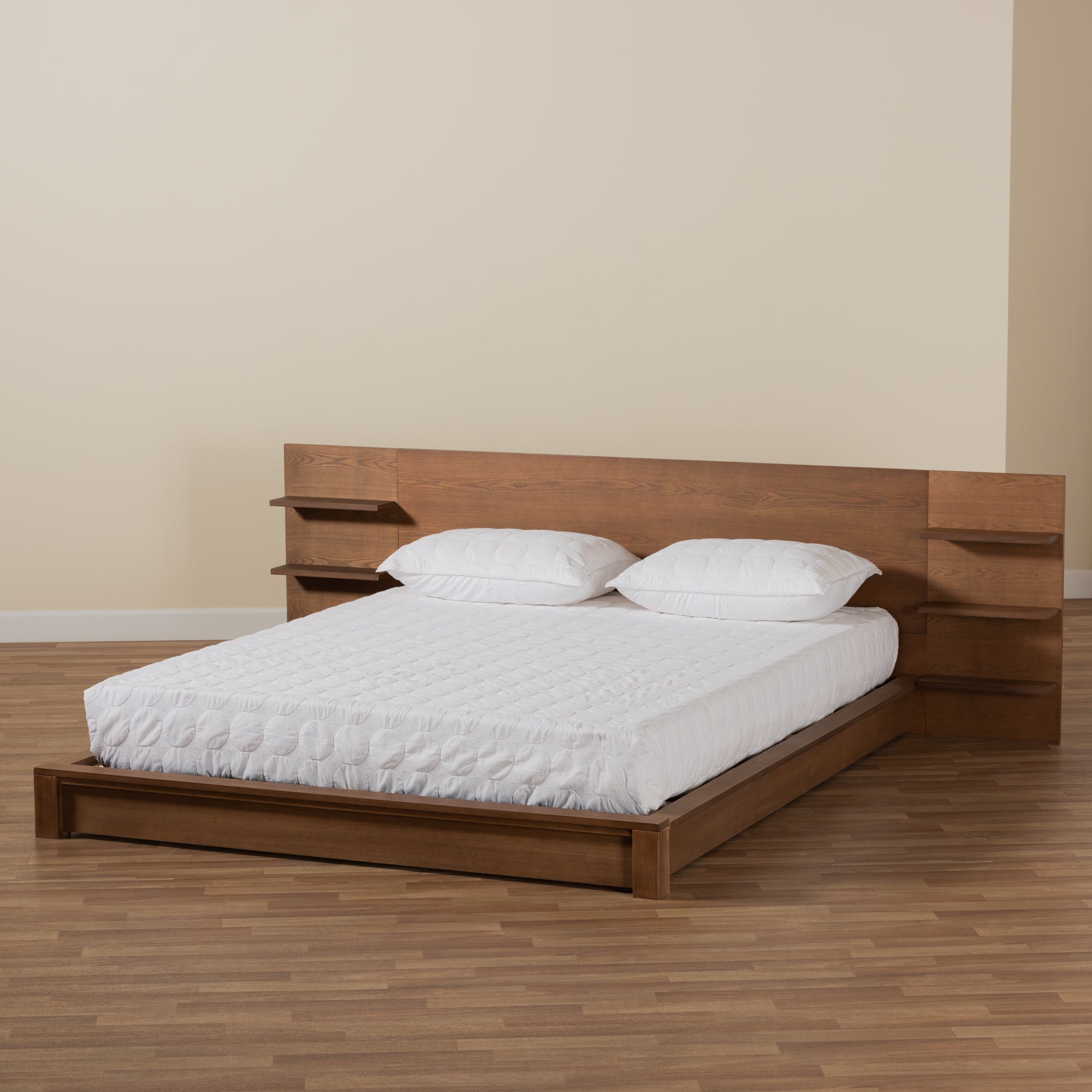 Elina King Bed Modern Walnut Wood with Built-in Storage Shelves