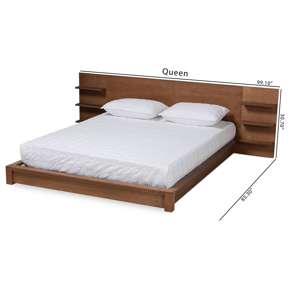 Elina Queen Bed Contemporary Walnut Wood with Storage Shelves