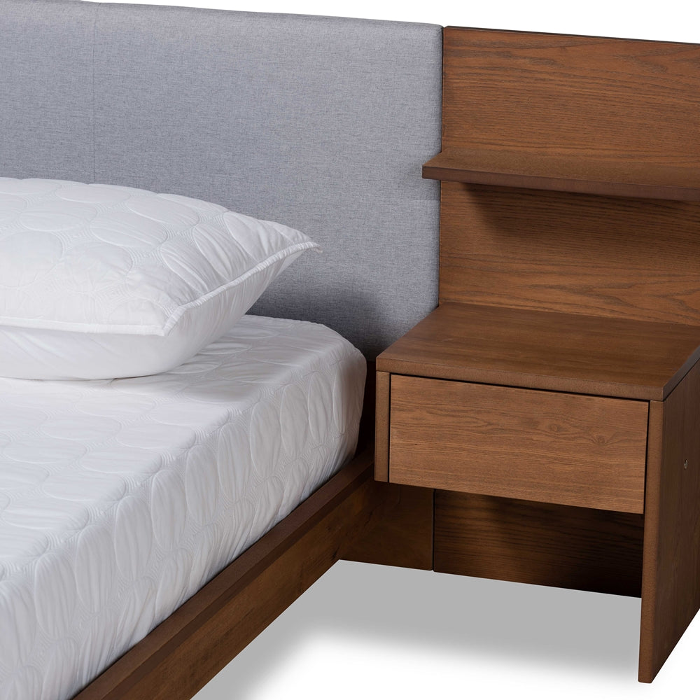 Sami Queen Bed Contemporary Light Grey Fabric & Walnut Wood with Storage