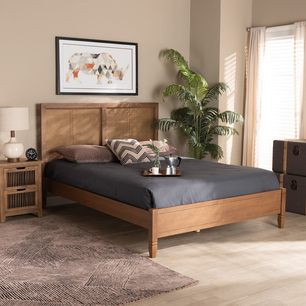 Redmond Mid-Century Modern Walnut Brown with Rattan Accent Queen Bed