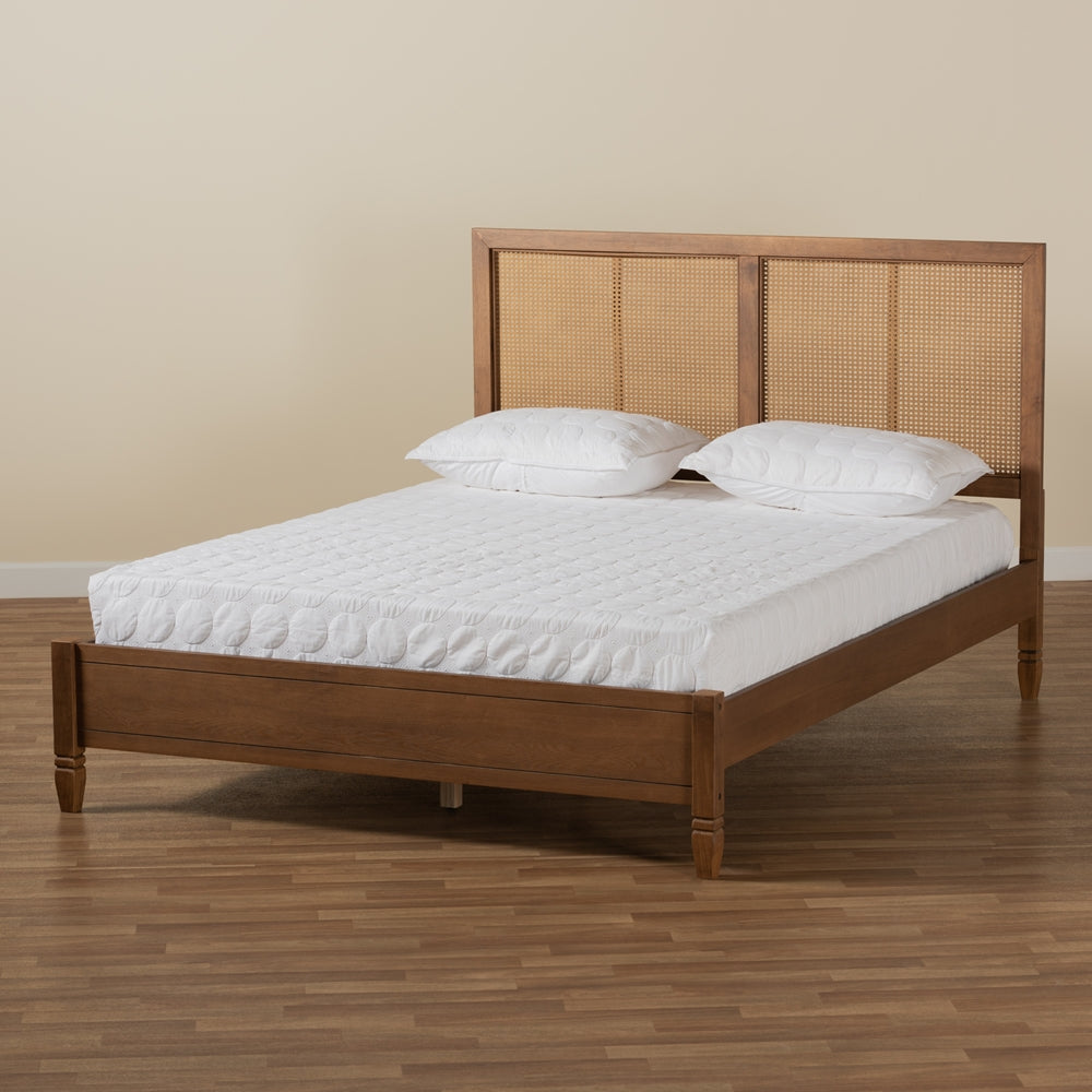 Redmond Mid-Century Modern Walnut & Synthetic Rattan King Size Bed