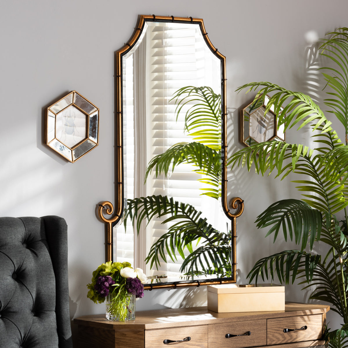 Layan ourous Hollywood Regency Style Gold Finished Metal Bamboo Inspired Accent Wall Mirror